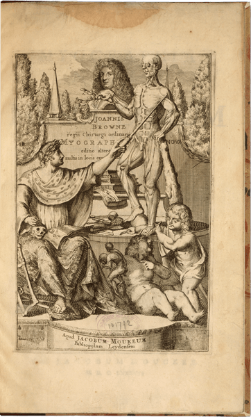 A bust of a man in a periwig sits on a pedestal with the title inscription, as a dissected cadaver stands on the left and a seated man in roman garb points to the cadaver and holds a plume pen