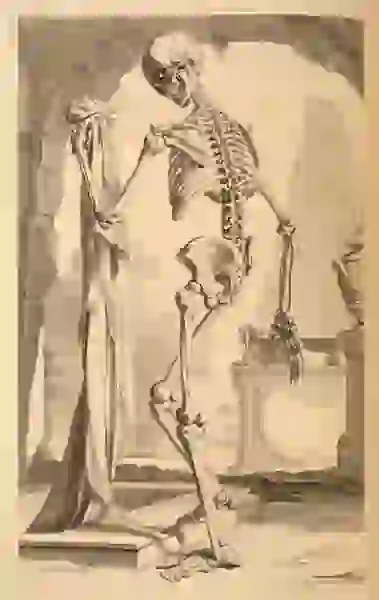 Grinning skeleton, holding a cloak
