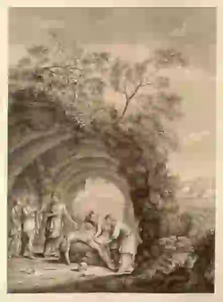 An imaginary dissection scene: attended by students, Hippocrates stands before a cadaver undergoing dissection outdoors on a pile of rocks underneath a natural rock formation in the shape of an arch.