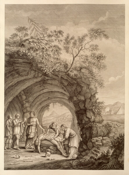 An imaginary dissection scene: attended by students, Hippocrates stands before a cadaver undergoing dissection outdoors on a pile of rocks underneath a natural rock formation in the shape of an arch.