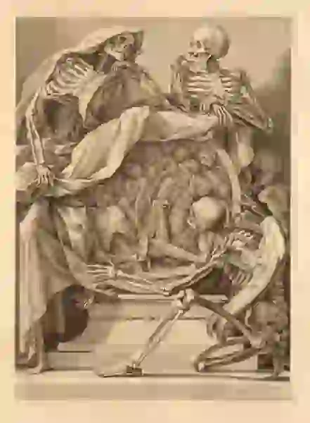 Smiling skeletons with their elbows atop a bowl filled with dead people.
