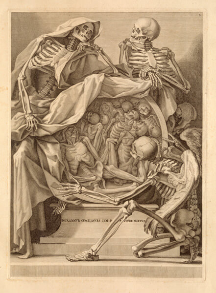 Smiling skeletons with their elbows atop a bowl filled with dead people.