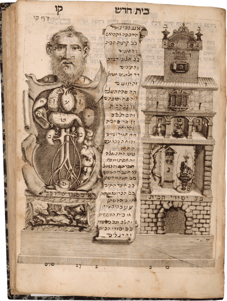 A dissected, armless bearded man opened up to reveal his main organs; each feature of the image is assigned a Hebrew letter