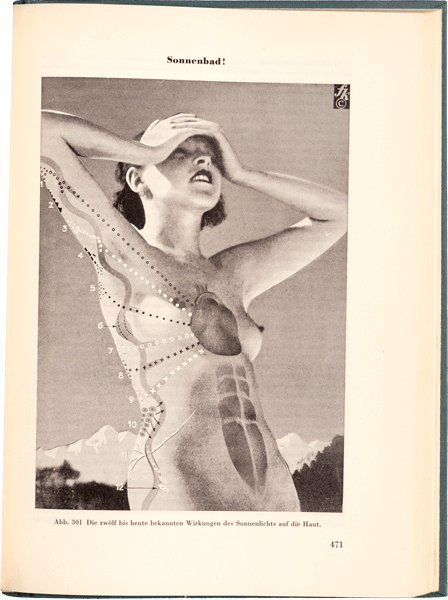 A young beautiful naked woman, with hands on her forehead, absorbs the rays of the sun (indicated by dotted lines)