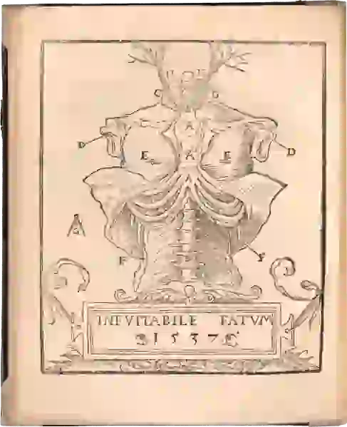 A dissected torso as anatomical coat of arms. The phrase 'INEVITABILE FATUM (inevitable fate), 1537' is inscribed on the base