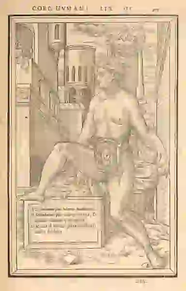 A naked woman, with her womb dissected, poses in front of a tower