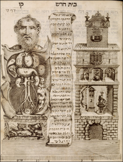 A dissected, armless bearded man opened up to reveal his main organs; each feature of the image is assigned a Hebrew letter. Cropped, from Toviyah Kats, Ma’a’seh Toviyah (Venice, 1708). Woodcut. National Library of Medicine.