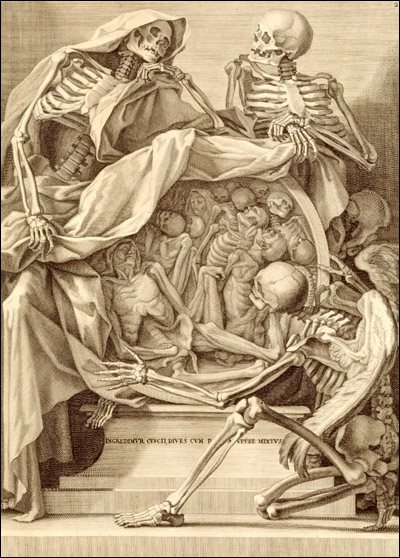 Smiling skeletons with their elbows atop a bowl filled with dead people. From Bernardino Genga, Anatomia per uso et intelligenza del disegno ricercata... (Rome, 1691). Copperplate engraving. Artist: Charles Errard.