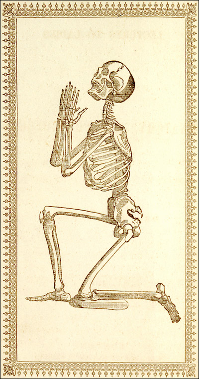 A praying skeleton.  From Mary S. Gove, Lectures to ladies on anatomy and physiology (Boston, 1842). Wood engraving. 