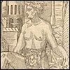 A naked woman, with her womb dissected, poses in front of a tower. Cropped, from Charles Estienne & Étienne de la Rivière, De dissectione partium corporis humani... (Paris, 1545). Woodcut.