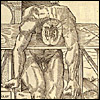 Naked man draped over a table, with the top of his head sawed off, revealing a cross-section of his brain. Cropped, from Charles Estienne & Étienne de la Rivière, La dissection des parties du corps humain... (Paris, 1546). Woodcut.
