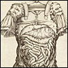 The viscera dissected through a suit of Roman armor. Cropped, from Juan Valverde de Amusco, Anatomia del corpo humano... (Rome, 1559). Copperplate engraving.