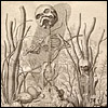 A fetal skeleton plays the violin, posed amidst a landscape of human and other remains. Cropped from Fredrik Ruysch, Alle de ontleed- genees- en heelkindige werken... Vol. 3. Amsterdam, 1744. Etching with engraving. 