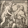 A male angel offers a bouquet to a seated woman who holds a cornucopia. Cropped from Fredrik Ruysch, Alle de ontleed- genees- en heelkindige werken... Vol. 3, Frontispiece. Amsterdam, 1744. Etching with engraving.