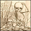 A fetal skeleton cries, posed amidst a landscape of human and other remains. Cropped from Fredrik Ruysch, Alle de ontleed- genees- en heelkindige werken... Vol. 3. Amsterdam, 1744. Etching with engraving.