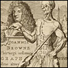 John Browne, the anatomist, in a periwig, standing behind the title inscription and a standing dissected cadaver. Cropped from John Browne, A compleat treatise of the muscles, as they appear in the humane body, and arise in dissection... (London, 1681). Copperplate engraving. 