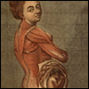 A pregnant woman looks over her shoulder at the viewer. Her skin is stripped off and her fetus is visible. Cropped from Jacques Fabien Gautier D’Agoty, Anatomie des parties de la génération de l’homme et de la femme (Paris, 1773). Colored mezzotint.