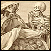Smiling skeletons with their elbows atop a bowl filled with dead people. Cropped from Bernardino Genga, Anatomia per uso et intelligenza del disegno ricercata... (Rome, 1691). Copperplate engraving. Artist: Charles Errard.