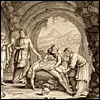 An imaginary dissection scene of antiquity: Attended by students, Hippocrates stands before a cadaver undergoing dissection outdoors on a pile of rocks underneath a natural rock formation in the shape of an arch. Cropped from Floriano Caldani, Tabulae anatomical ligamentorum corporus humani... (Venice, 1803). Copperplate engraving. Artist: Cajetano Bosa.
