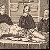 Three Dutch anatomists, wearing black clothes with white collars, pose sitting around a table which has on it a dissected cadaver. Cropped from Giulio Casserio, Anatomische Tafeln... (Frankfurt, 1656). Copperplate engraving. 