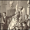 An anatomist lectures in a classroom before a partly dissected body propped up on a stand and suspended by his hand from a rope. Cropped from Francesco Bertinatti, Elementi di anatomia fisiologica applicata alle belle arti figurative (Turin, 1837-39). Lithograph. 