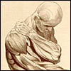 Figure with head bent forward, posed to show the musculature of the arms. Cropped, from Jacques Gamelin, Nouveau recueil d’ostéologie et de myologie (Toulouse, 1779). Etching. 