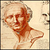 : Left, a figure in the style of Greco-Roman portrait sculpture, showing  musculature of the face. Right, the skull of the same figure looks on. Jean-Galbert Salvage, Anatomie du gladiateur combattant, applicable aux beaux arts... (Paris, 1812). Two-layer copperplate engraving, color.