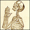 A praying skeleton. Cropped, from Mary S. Gove, Lectures to ladies on anatomy and physiology (Boston, 1842). Wood engraving.