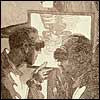Two men wearing goggles look at a fluoroscope of a patient. Cropped, from, John Sloan (artist), X-Rays (N.p., 1926). Etching.