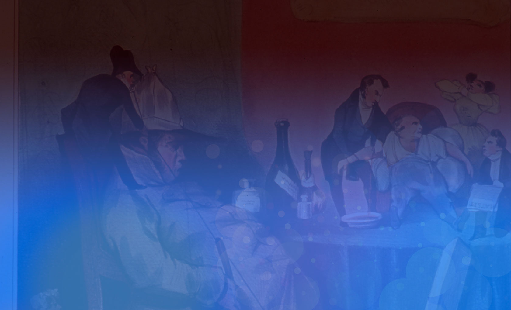 A seated man at a table with bottles, death-related scenes of smaller figures surround the man