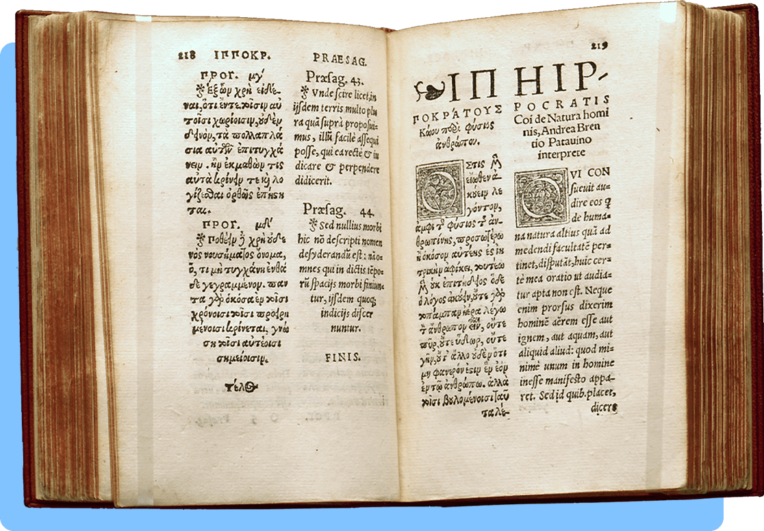 An open book of ancient Greek and Latin text
