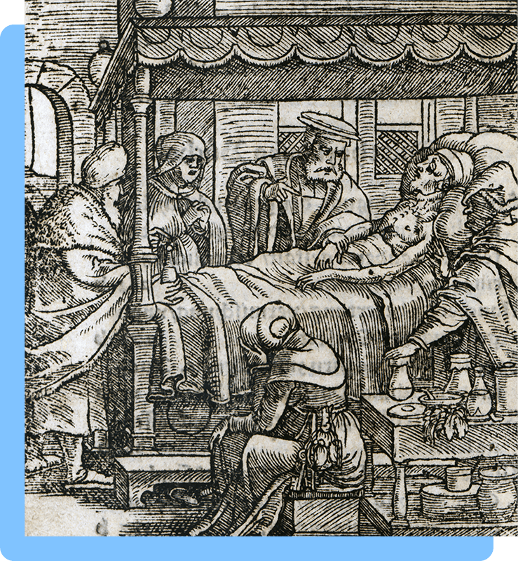 Woodcut of a doctor taking a patient’s pulse at bedside surrounded by two standing figures, below a sitting figure and a table of urine flasks