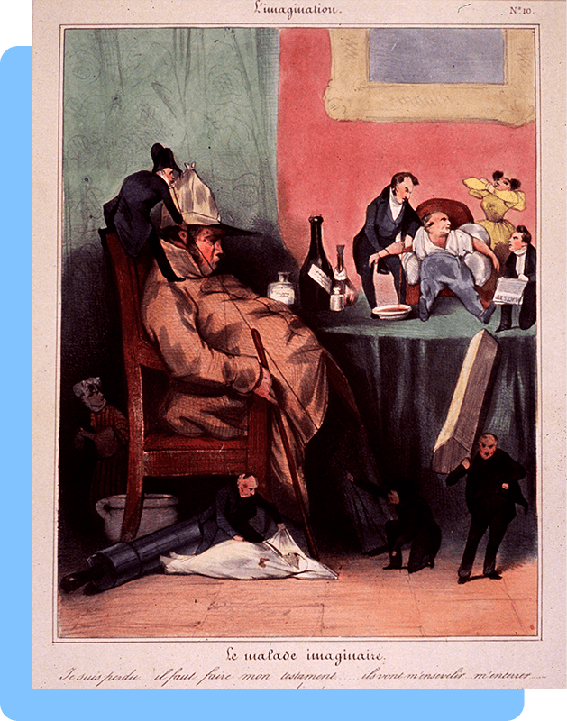 A seated man at a table with bottles, death-related scenes of smaller figures surround the man