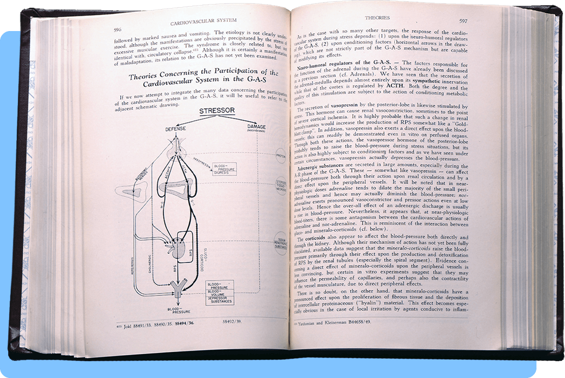 A book open to a two page spread with text and a schematic diagram of the cardiovascular system