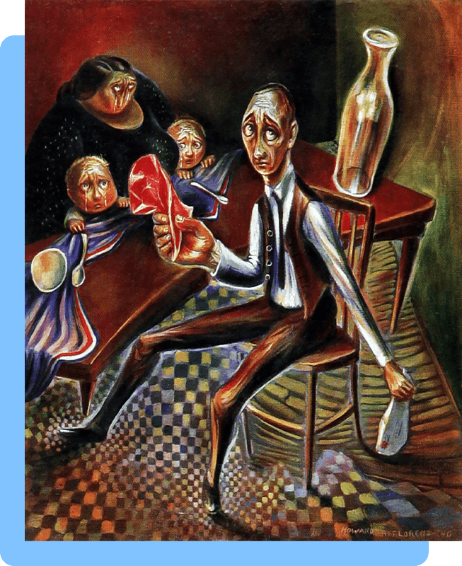 Painting of a seated man holding up a pink paper while a woman behind with two children are crying, in the background is a table with an empty glass bottle 