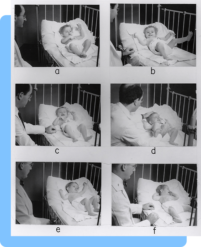 A set of six photographs of a baby in a bed observed by a man in a lab coat