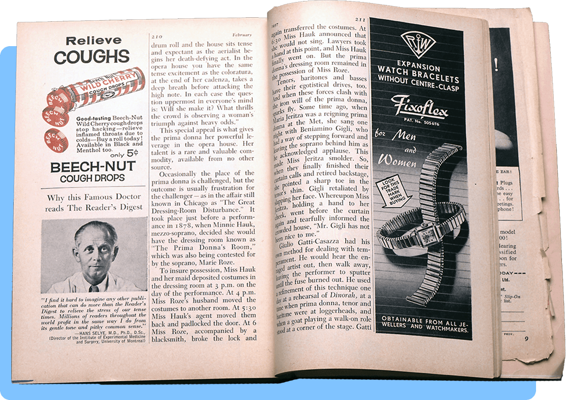 A two page spread with text, two advertisements on either side, and a full face photograph of a man
