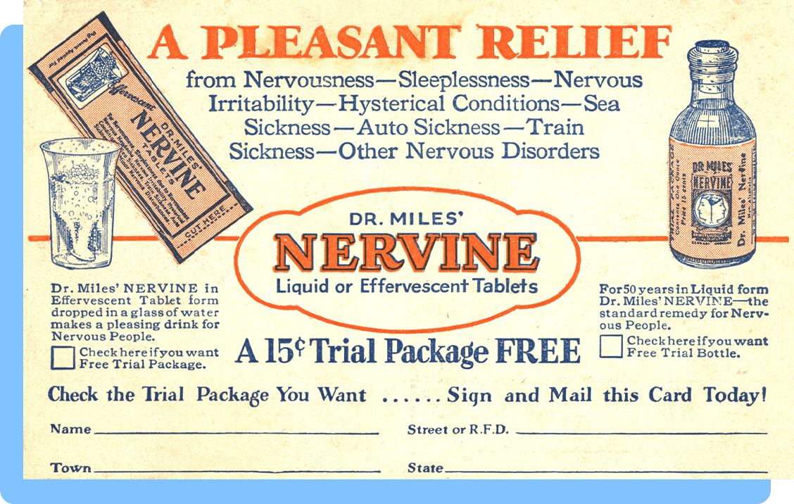 A pharmaceutical advertisement with text and illustrations of a liquid drug and tablets