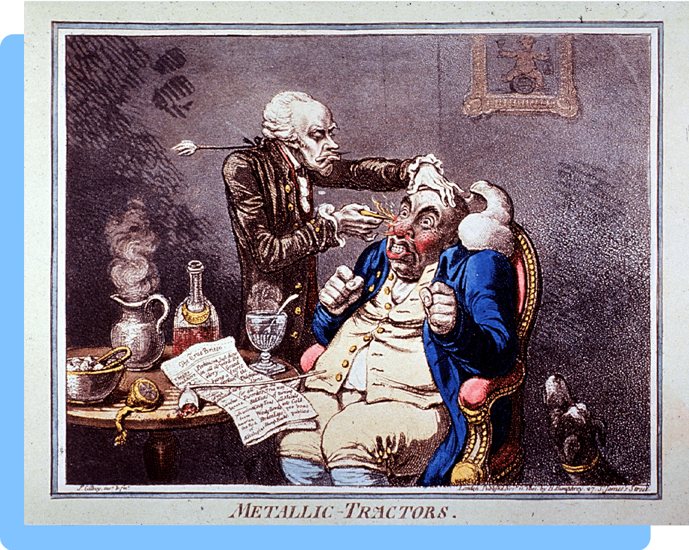 A man is applying a medical instrument to a seated patient’s nostrils which are emitting flames. Nearby a dog is howling and there is a table with a pipe, decanter, and steaming pitcher