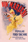 Color lithograph poster by Jules Chéret,  of a woman in a yellow dress and hat leaping while pouring a glass of dark wine. The title of the poster says Vin Mariani  in red lettering across the top. On the bottom of the poster in blue lettering is written popular French tonic wine: fortifies and refreshes body and brain restores health and vitality.