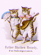 A trade card for the Father Matthew Remedy Co. featuring an color illustration of two cats walking upright. The cat on the left holds a fan in its right paw while the cat on the left plays a mandolin.