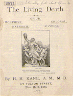 Cover of The Living Death,: opium, morphine, chloral, hashisch, alcohol by H. H. Kane, A.M., M. D. In the center is an illustration of a sculture of three people wearing no clothes reaching up.