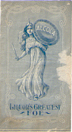 Light blue cover of a booklet with a woman in a flowing gown holding a sword in her right hand and raising a shield with the word Alcola in her left hand. Below the woman are the words liquor's greatest foe in dark blue lettering.