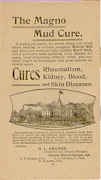 Advertisement for the Magno Mud Cure in Indiana Mineral Springs featuring an exterior view of the hotel located near the springs.
