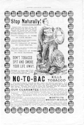 Advertisement for No-To-Bac. Stop Naturally! The outside of the advertistement has black circles with No-To-Bac written in white lettering. On the inside right side is an illustration of a man wearing gladiator uniform holding a sword in his right hand and a shield in his left hand. King No-To-Bac in on his chest and No-To-Bac kills tobacco is on the shield. The man stands with his right foot on the chest of another man dressed as a gladiator with a helmet that says nicotine. Another shield rests against the victor's left leg saying nicotin is dead.