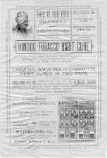 An broadside advertisement for the Hindoo Tobacco Habit Cure. In the upper left corner is a head and shoulders illustration of a man wearing a turban while in the bottom right corner is an exterior view of the Milford Drug Company building.