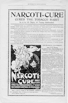 An advertistement for The Narcoti-Chemical Co., Narcoti-Cure cures the tobacco habit in Munsey's Magazine. In the center left side of the adverisment is a white knight carrying a lance on a horse charging the black monster tobacco.