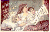 A color postcard showing a mother in bed with her children; she is reading a newspaper advertisement for Mrs. Winslow's Soothing Syrup. 