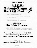 Broadside advertising a public forum on A.I.D.S.: Bubonic Plague of the 21st Century?