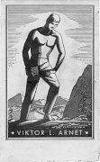 Viktor L. Arnet's Black and white bookplate featuring a wood cut of a man standing outdoors in a mountain setting.